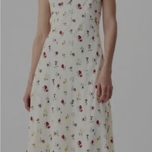 Cream Midi Sundress with Scoop Neck and Red Floral Pattern